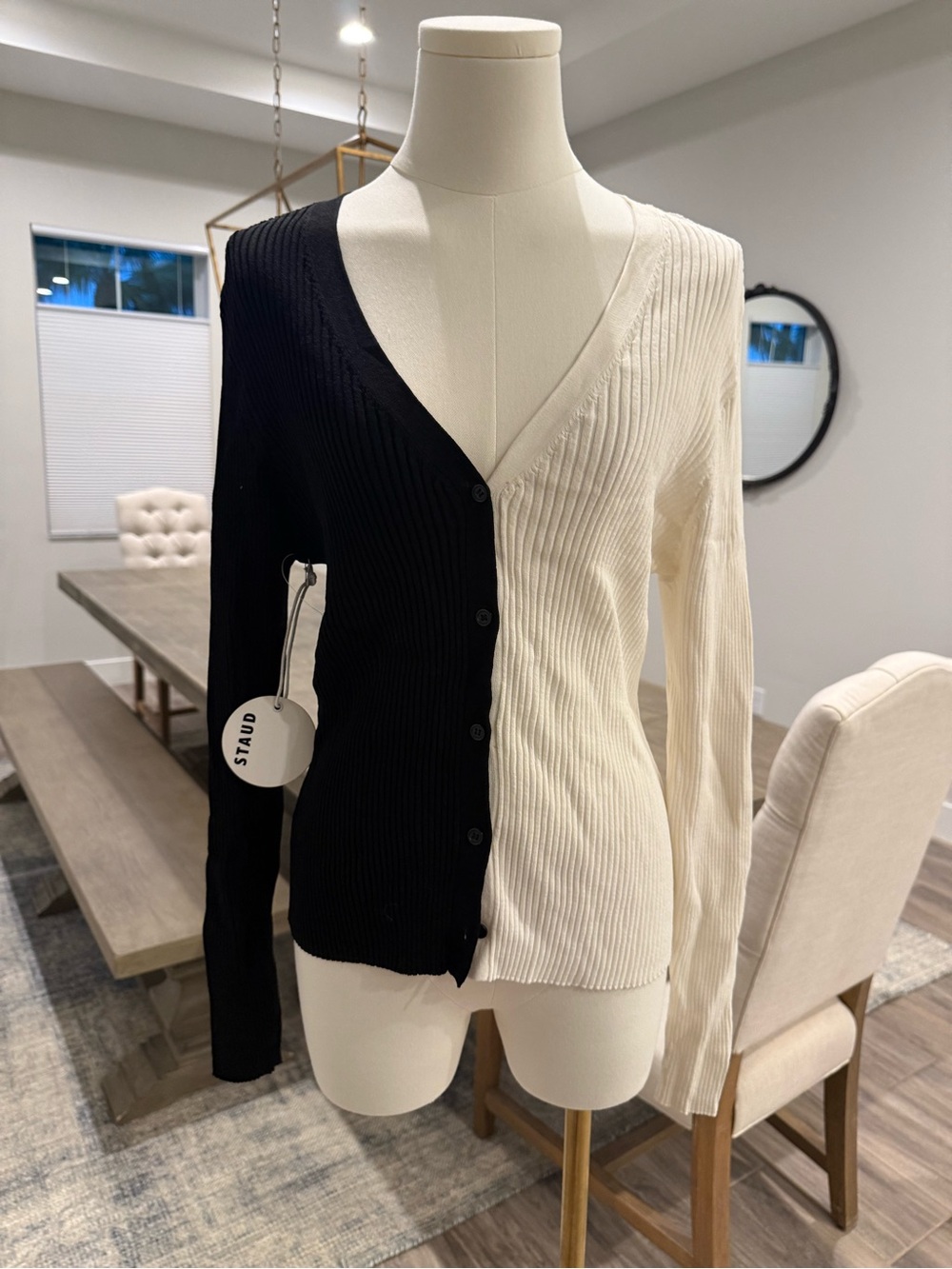 NWT! STAUD Black & White Colorblock Ribbed V-Neck Button-Front Cardigan Top